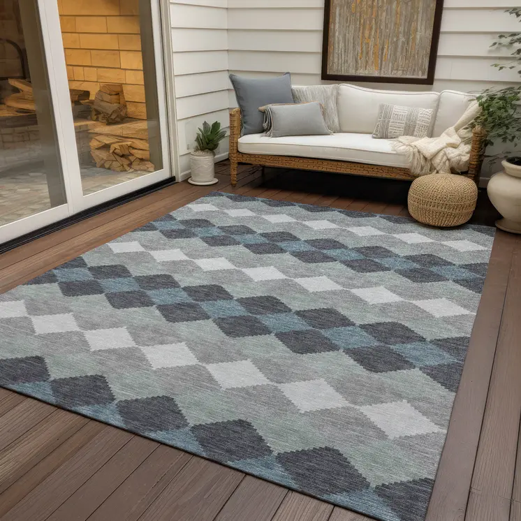 5' X 8' Gray Black And Green Geometric Washable Indoor Outdoor Area Rug