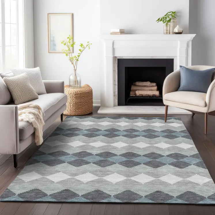 5' X 8' Gray Black And Green Geometric Washable Indoor Outdoor Area Rug