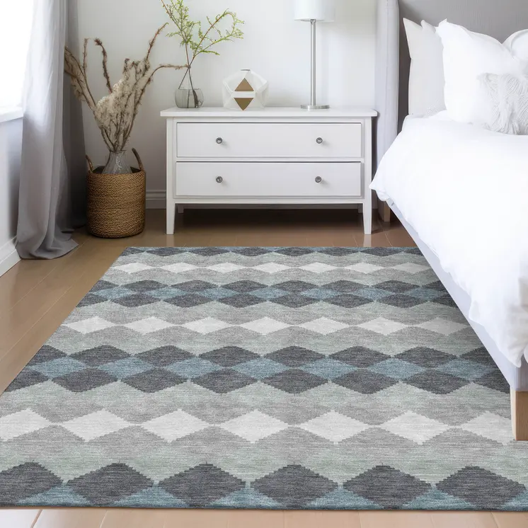 5' X 8' Gray Black And Green Geometric Washable Indoor Outdoor Area Rug