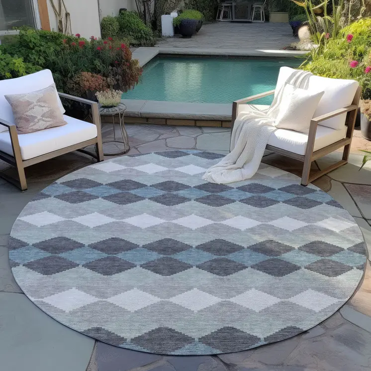 8' Gray Black And Green Round Geometric Washable Indoor Outdoor Area Rug