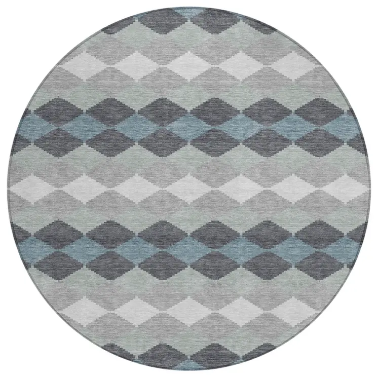 8' Gray Black And Green Round Geometric Washable Indoor Outdoor Area Rug