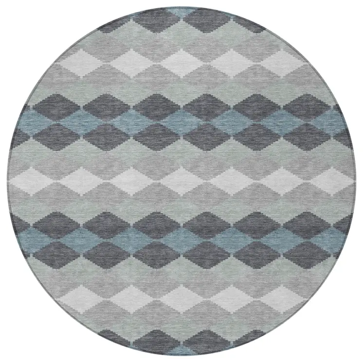 8' Gray Black And Green Round Geometric Washable Indoor Outdoor Area Rug
