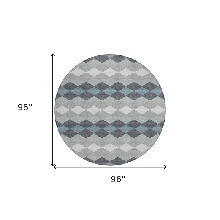 8' Gray Black And Green Round Geometric Washable Indoor Outdoor Area Rug