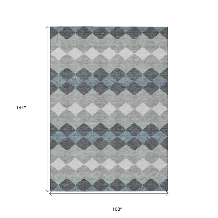 9' X 12' Gray Black And Green Geometric Washable Indoor Outdoor Area Rug