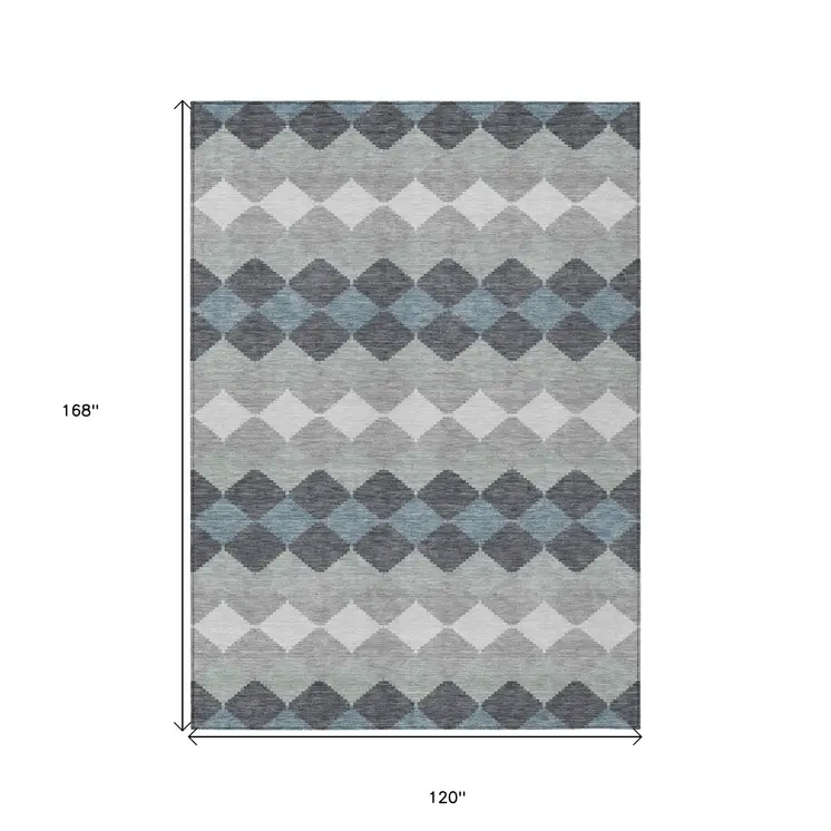 10' X 14' Gray Black And Green Geometric Washable Indoor Outdoor Area Rug