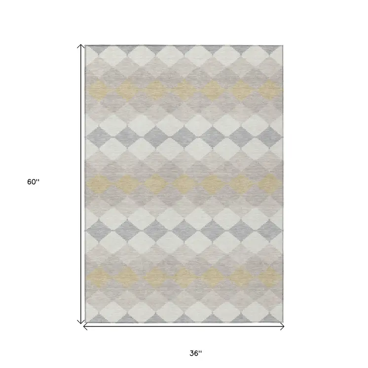 3' X 5' Ivory Gray And Gold Geometric Washable Indoor Outdoor Area Rug