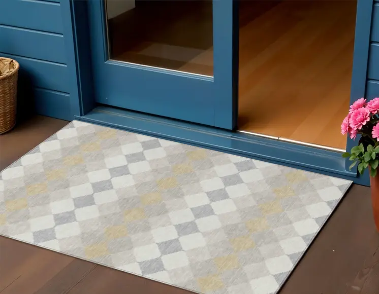 3' X 5' Ivory Gray And Gold Geometric Washable Indoor Outdoor Area Rug