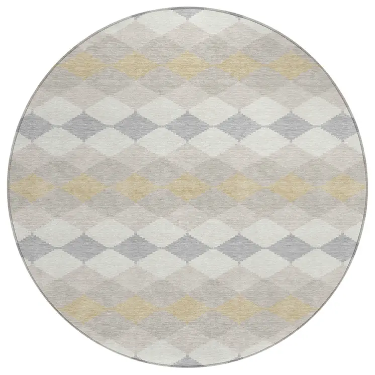 8' Ivory Gray And Gold Round Geometric Washable Indoor Outdoor Area Rug
