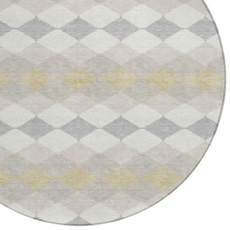 8' Ivory Gray And Gold Round Geometric Washable Indoor Outdoor Area Rug