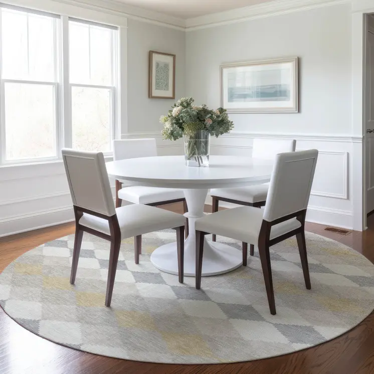 8' Ivory Gray And Gold Round Geometric Washable Indoor Outdoor Area Rug