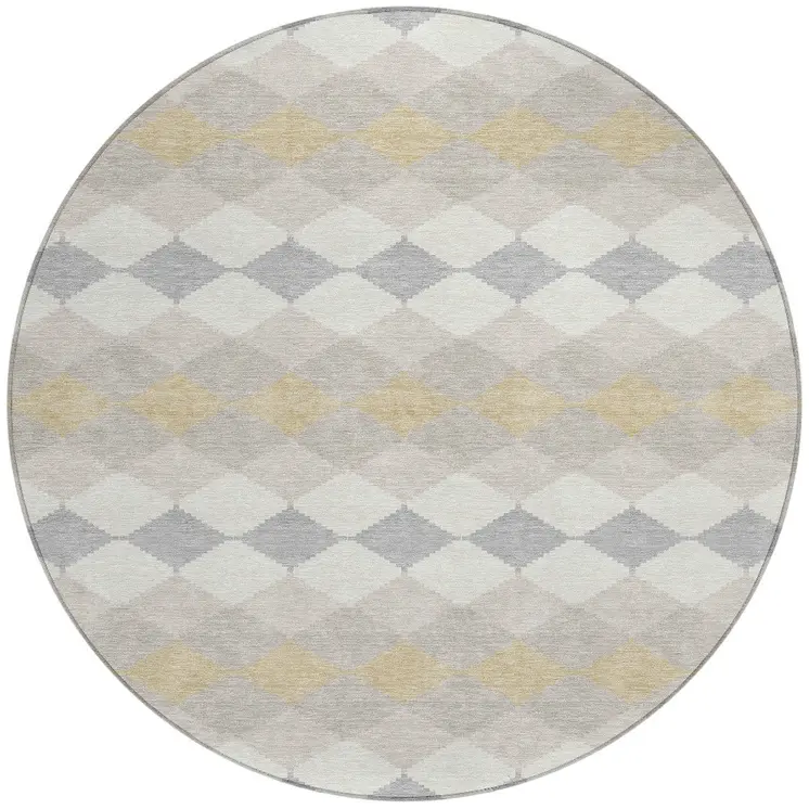 8' Ivory Gray And Gold Round Geometric Washable Indoor Outdoor Area Rug