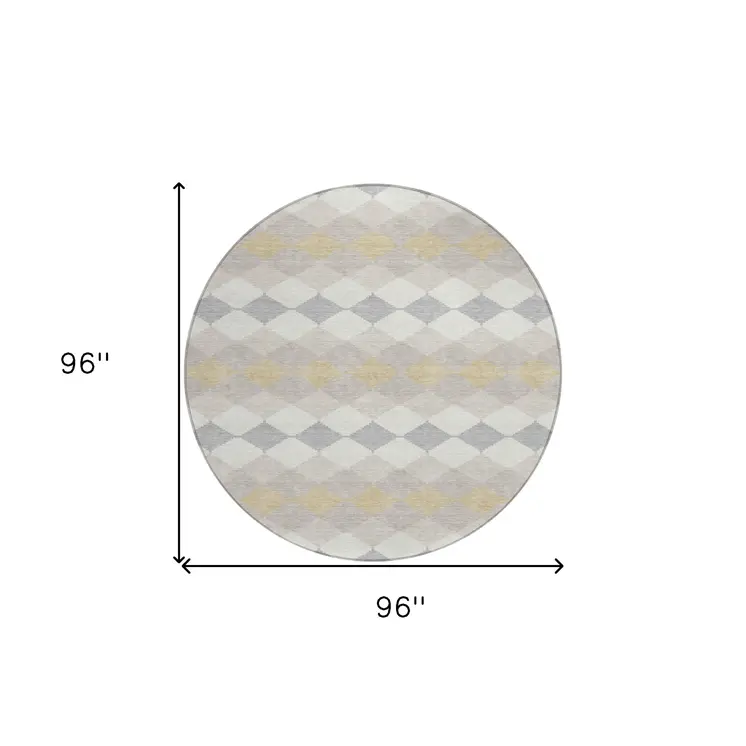8' Ivory Gray And Gold Round Geometric Washable Indoor Outdoor Area Rug