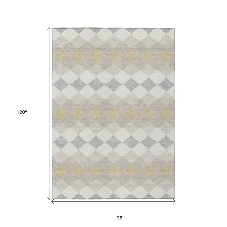 8' X 10' Ivory Gray And Gold Geometric Washable Indoor Outdoor Area Rug