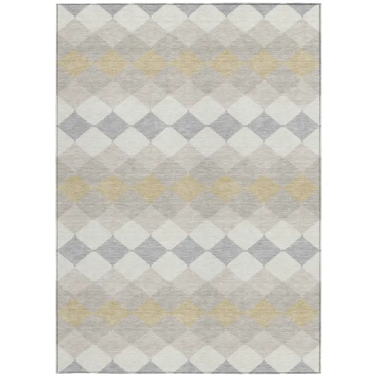 10' X 14' Ivory Gray And Gold Geometric Washable Indoor Outdoor Area Rug