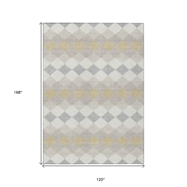 10' X 14' Ivory Gray And Gold Geometric Washable Indoor Outdoor Area Rug