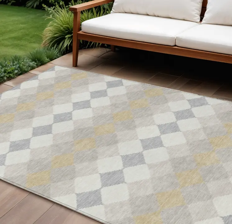 10' X 14' Ivory Gray And Gold Geometric Washable Indoor Outdoor Area Rug