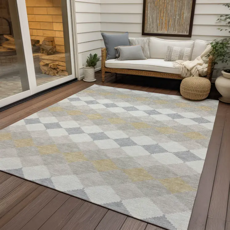 10' X 14' Ivory Gray And Gold Geometric Washable Indoor Outdoor Area Rug
