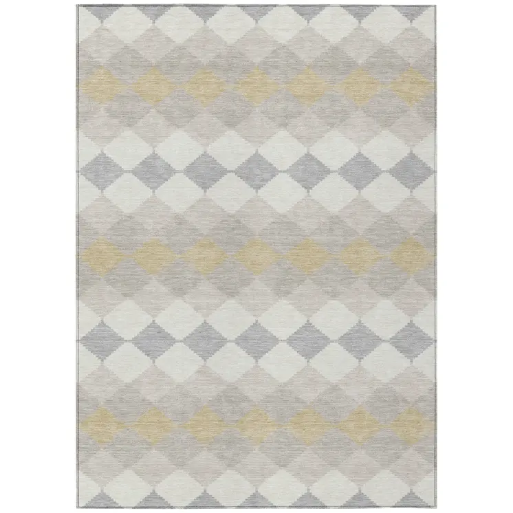 10' X 14' Ivory Gray And Gold Geometric Washable Indoor Outdoor Area Rug