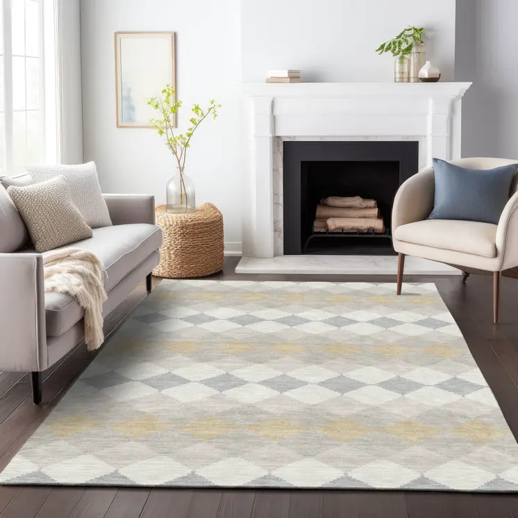10' X 14' Ivory Gray And Gold Geometric Washable Indoor Outdoor Area Rug
