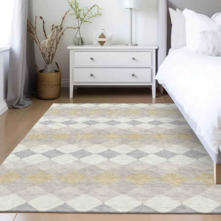 10' X 14' Ivory Gray And Gold Geometric Washable Indoor Outdoor Area Rug