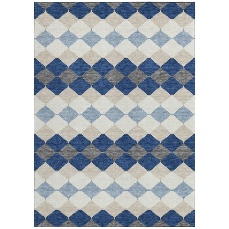3' X 5' Navy Blue Ivory And Beige Geometric Washable Indoor Outdoor Area Rug