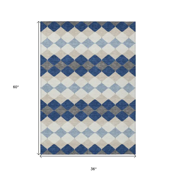3' X 5' Navy Blue Ivory And Beige Geometric Washable Indoor Outdoor Area Rug