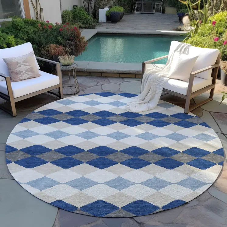 8' Navy Blue Ivory And Beige Round Geometric Washable Indoor Outdoor Area Rug