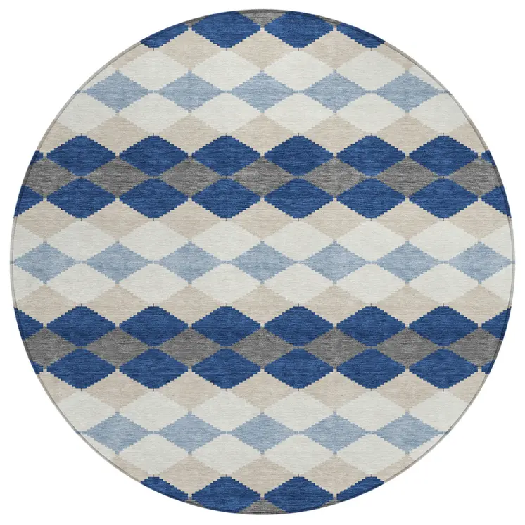 8' Navy Blue Ivory And Beige Round Geometric Washable Indoor Outdoor Area Rug