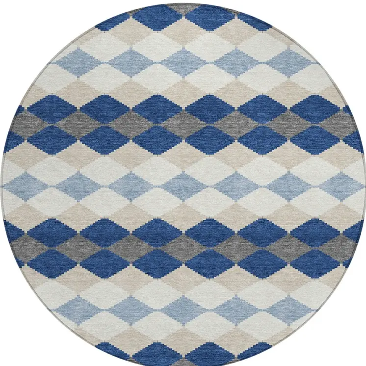 8' Navy Blue Ivory And Beige Round Geometric Washable Indoor Outdoor Area Rug