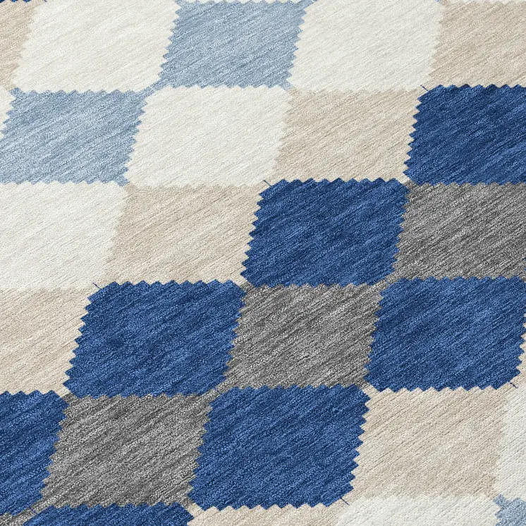 8' Navy Blue Ivory And Beige Round Geometric Washable Indoor Outdoor Area Rug