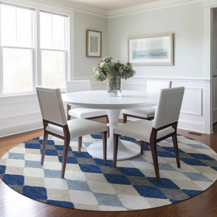 8' Navy Blue Ivory And Beige Round Geometric Washable Indoor Outdoor Area Rug