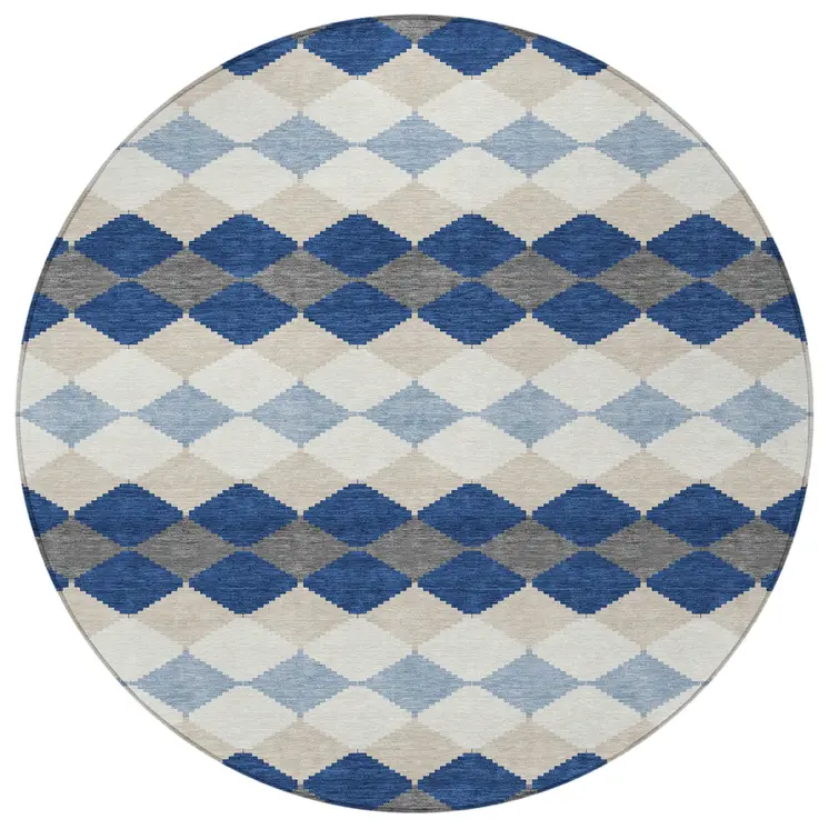 8' Navy Blue Ivory And Beige Round Geometric Washable Indoor Outdoor Area Rug