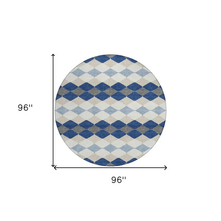 8' Navy Blue Ivory And Beige Round Geometric Washable Indoor Outdoor Area Rug