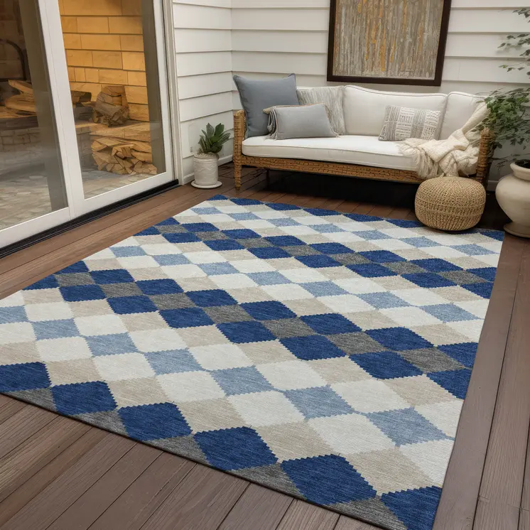 8' X 10' Navy Blue Ivory And Beige Geometric Washable Indoor Outdoor Area Rug