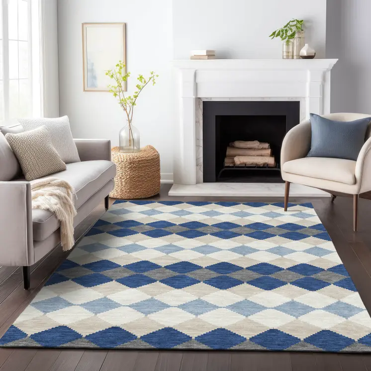 8' X 10' Navy Blue Ivory And Beige Geometric Washable Indoor Outdoor Area Rug
