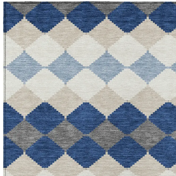 9' X 12' Navy Blue Ivory And Beige Geometric Washable Indoor Outdoor Area Rug