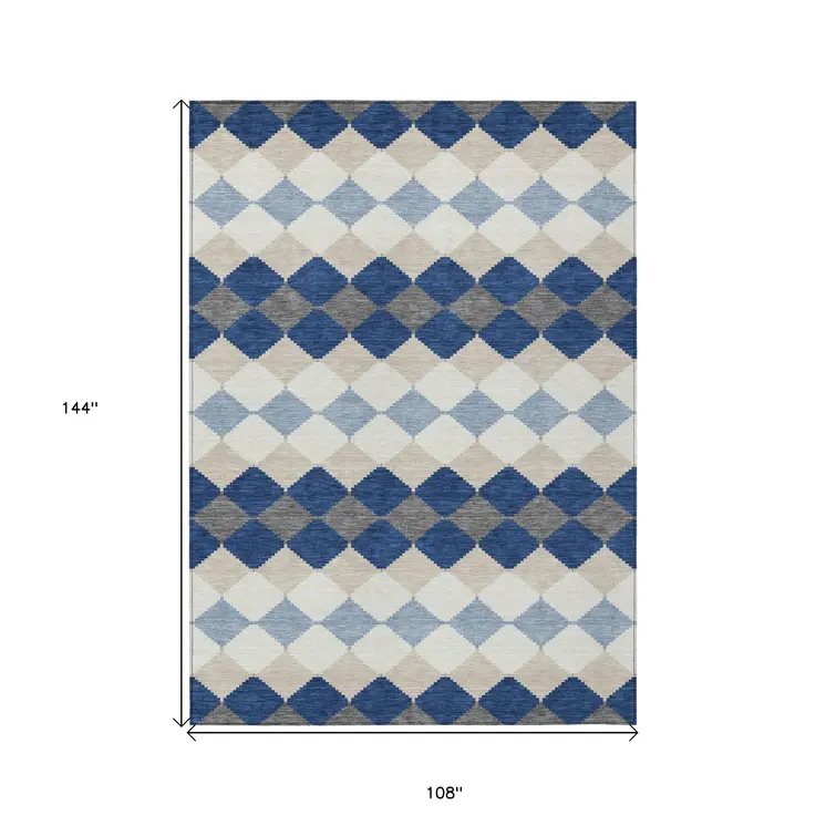 9' X 12' Navy Blue Ivory And Beige Geometric Washable Indoor Outdoor Area Rug
