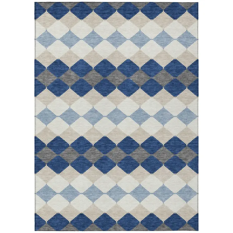 9' X 12' Navy Blue Ivory And Beige Geometric Washable Indoor Outdoor Area Rug