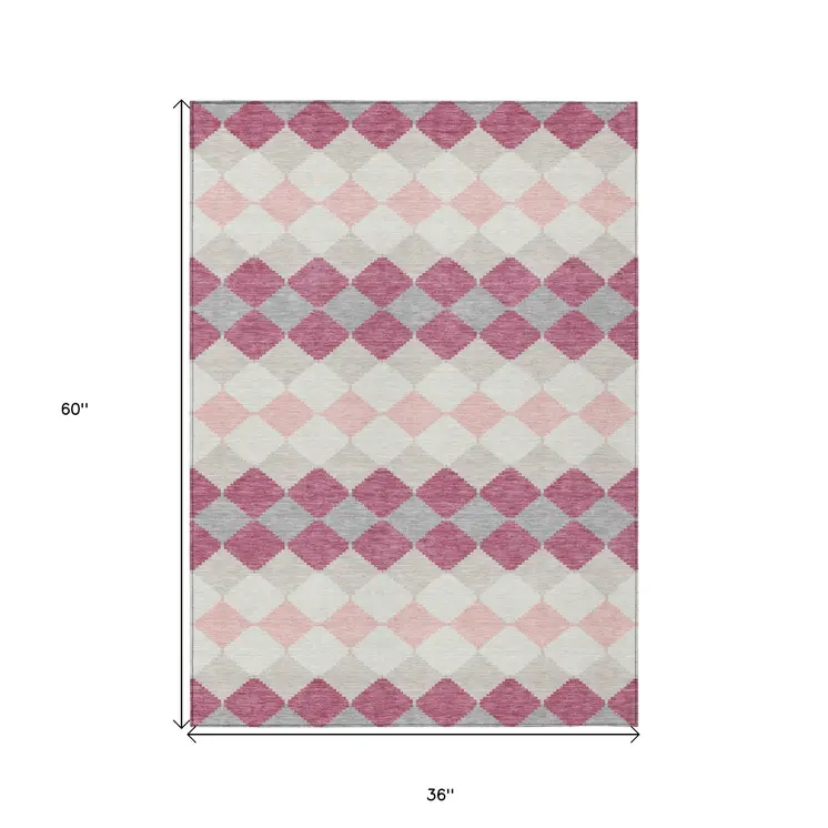 3' X 5' Pink Gray And Ivory Geometric Washable Indoor Outdoor Area Rug