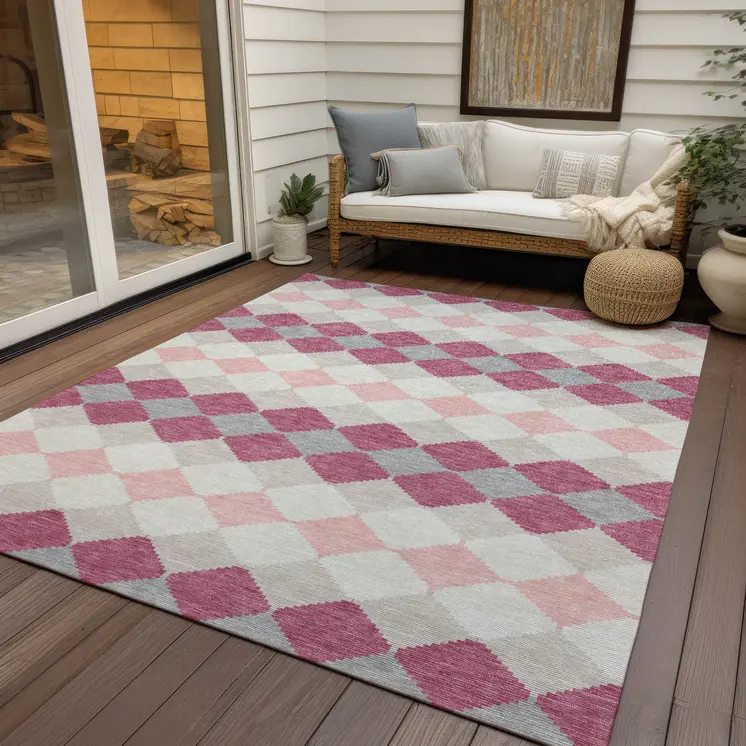 3' X 5' Pink Gray And Ivory Geometric Washable Indoor Outdoor Area Rug
