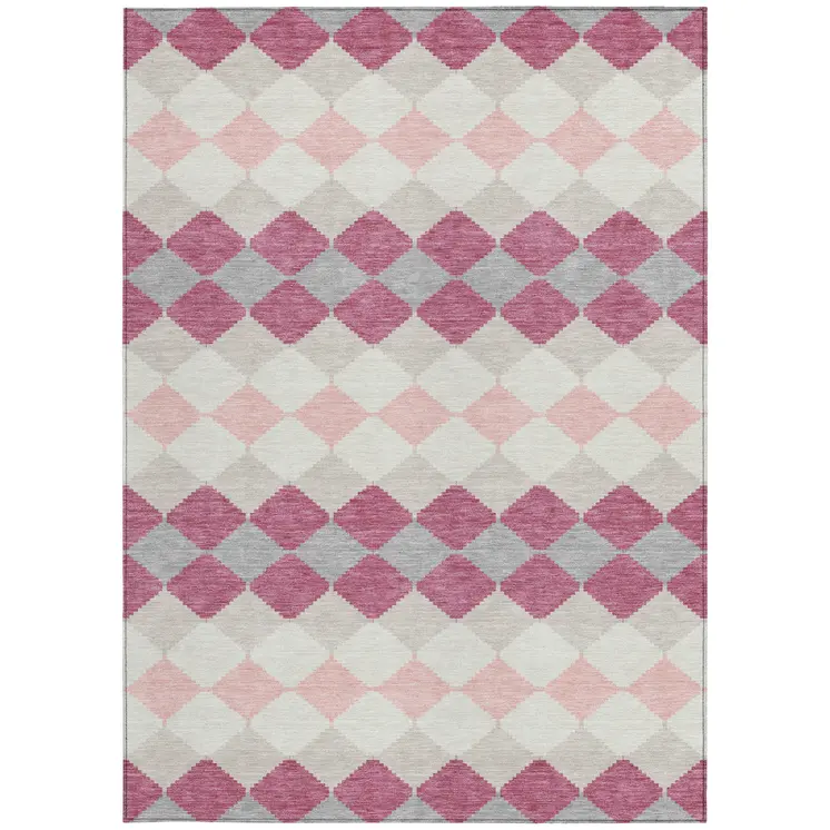 5' X 8' Pink Gray And Ivory Geometric Washable Indoor Outdoor Area Rug