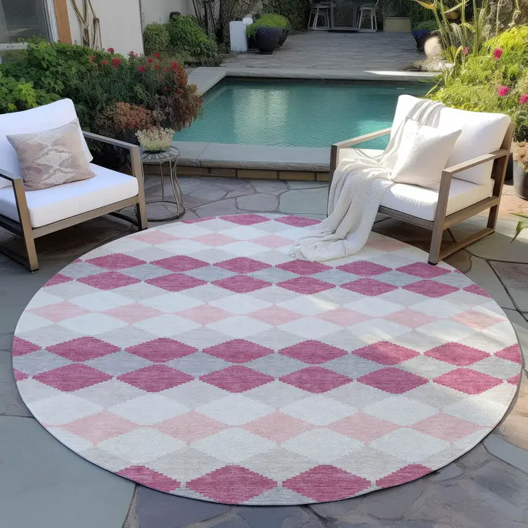 8' Pink Gray And Ivory Round Geometric Washable Indoor Outdoor Area Rug