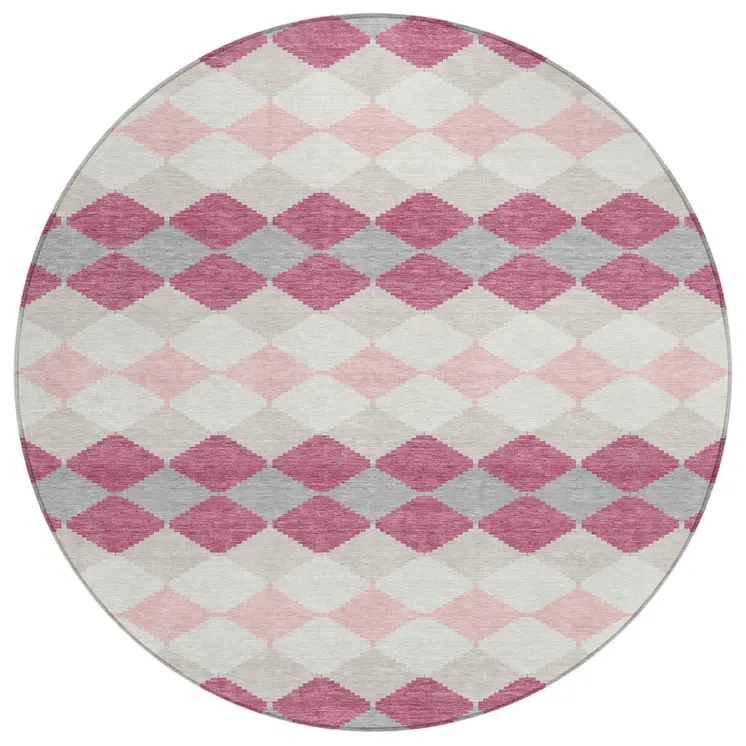 8' Pink Gray And Ivory Round Geometric Washable Indoor Outdoor Area Rug