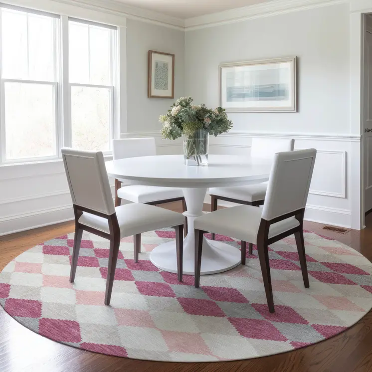 8' Pink Gray And Ivory Round Geometric Washable Indoor Outdoor Area Rug