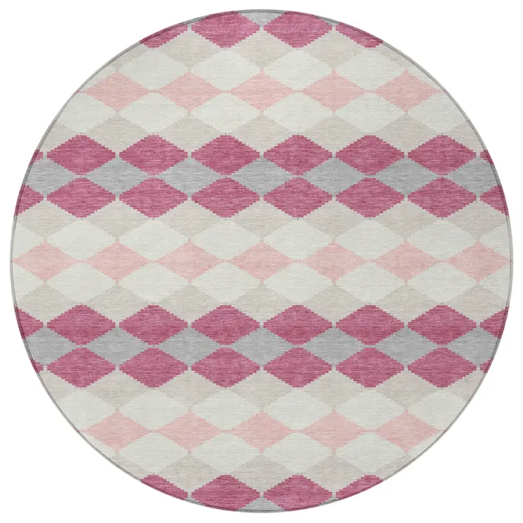 8' Pink Gray And Ivory Round Geometric Washable Indoor Outdoor Area Rug