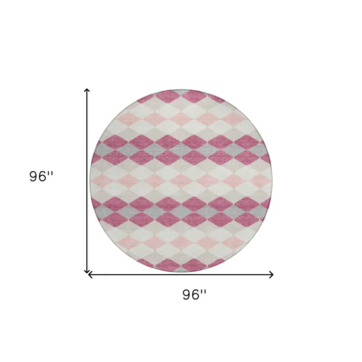 8' Pink Gray And Ivory Round Geometric Washable Indoor Outdoor Area Rug