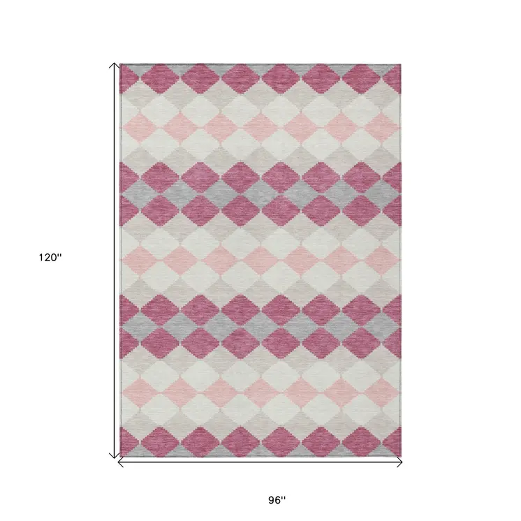 8' X 10' Pink Gray And Ivory Geometric Washable Indoor Outdoor Area Rug