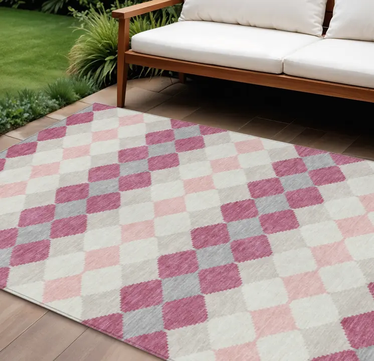 8' X 10' Pink Gray And Ivory Geometric Washable Indoor Outdoor Area Rug