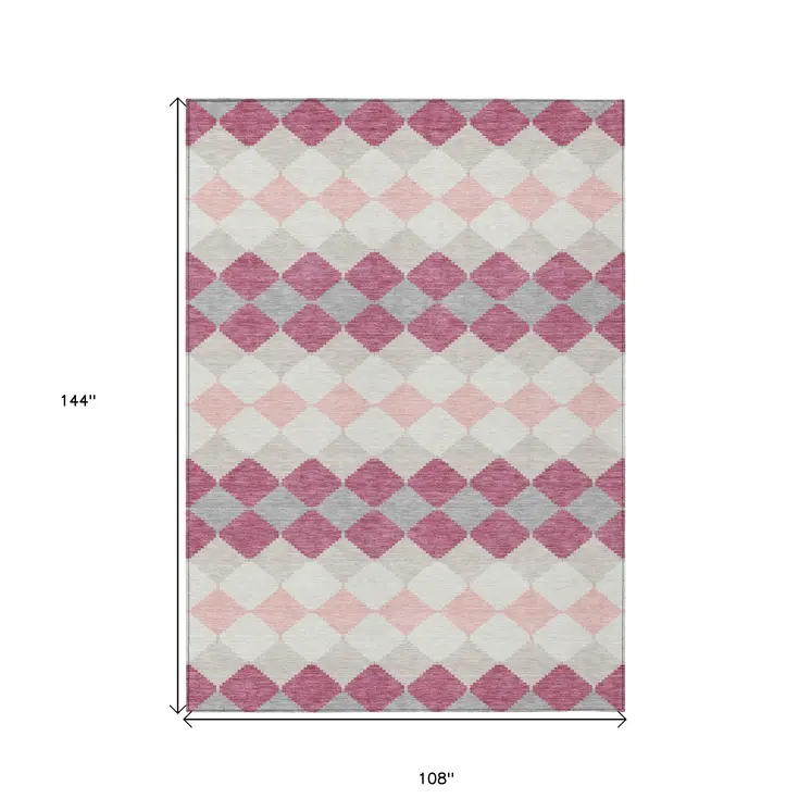 9' X 12' Pink Gray And Ivory Geometric Washable Indoor Outdoor Area Rug