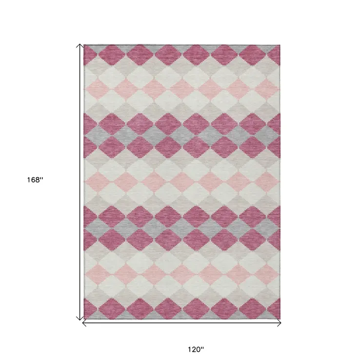 10' X 14' Pink Gray And Ivory Geometric Washable Indoor Outdoor Area Rug
